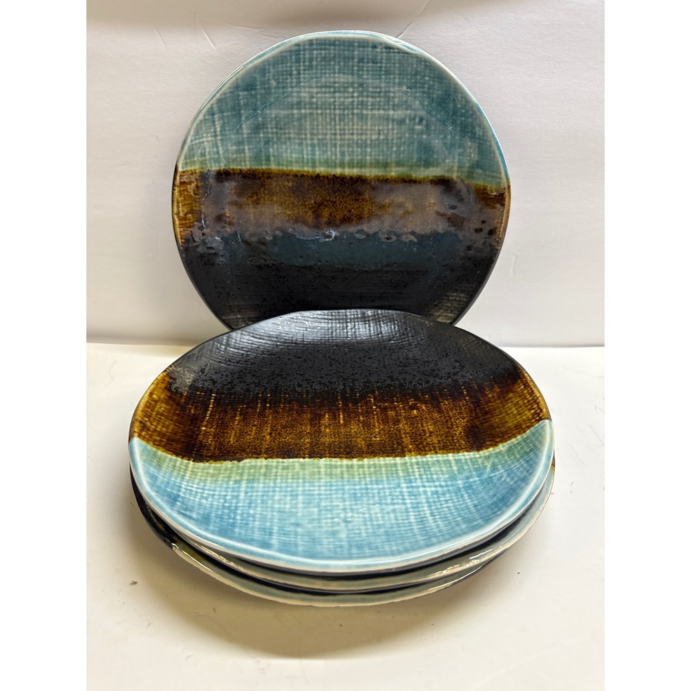 Pier 1 Cassidy Stoneware Salad Plates Set of 4 Blue Brown Black Reactive Glaze